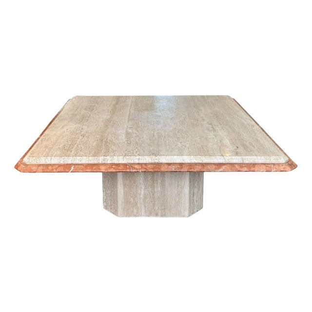 Italian Coffee Table in Tavertino Marble and Coralito, 1980s For Sale
