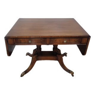 19th C English Regency Carved Brass Inlaid Rosewood Drop Leaf Sofa Table Desk For Sale