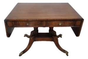 19th C English Regency Carved Brass Inlaid Rosewood Drop Leaf Sofa Table Desk
