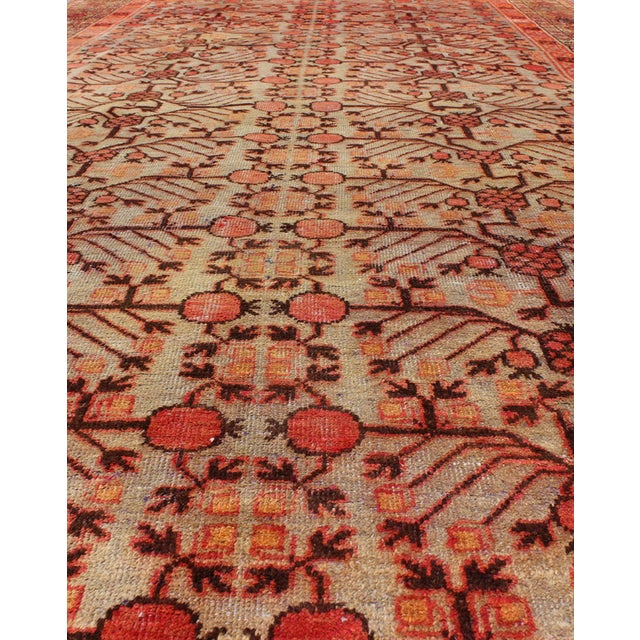 Textile Large Khotan Antique Rug With Pomegranate Design in Taupe, Green, Red and Brown 6'9 X 13'3 For Sale - Image 7 of 9