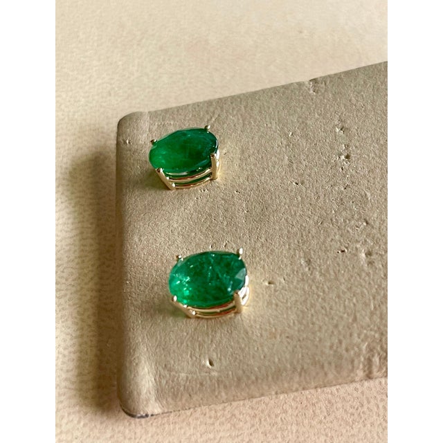 3 Carat Oval Natural Emerald Stud Post Earrings 14 Karat Yellow Gold For Sale - Image 9 of 18