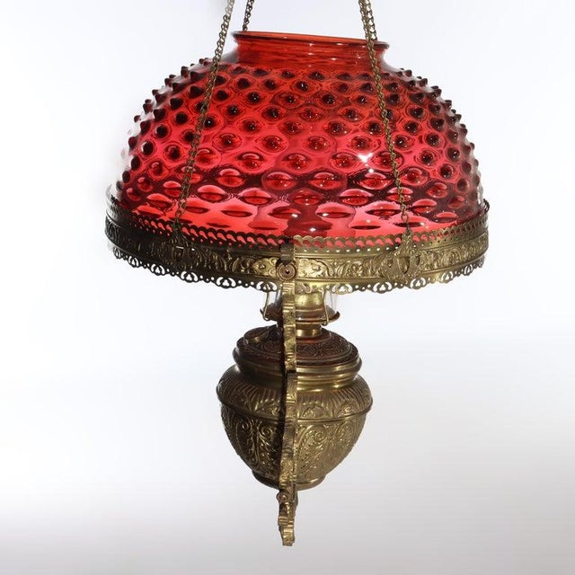 Antique Cranberry Hobnail Glass & Brass Hanging Light , Electrified, C1900 Measures - 47 1/2" x 14 1/2" x 14 1/2" This...