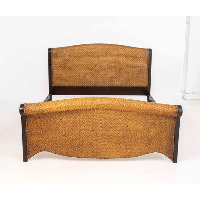 Rattan and Ebonized Wood Queen Sleigh Bed Frame For Sale - Image 4 of 11