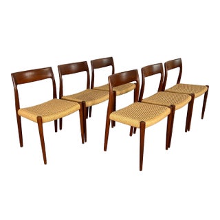 1960s Mid Century Danish Modern Teak & Paper Cord Rope Woven #77 Dining Chairs by Designer Niels Otto Moller for Jl Moller- Set of 6 For Sale