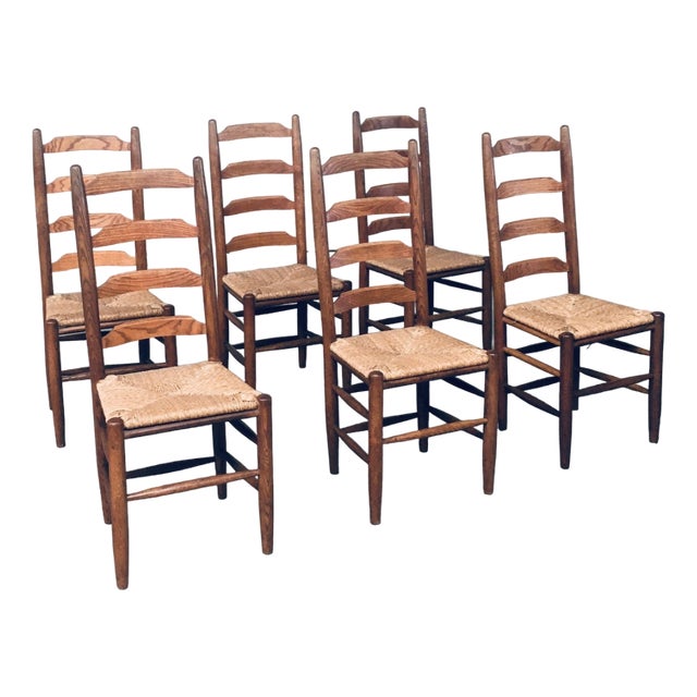 Rustic Ladder Back Oak & Rush Dining Chairs, Belgium, 1960s, Set of 6 For Sale