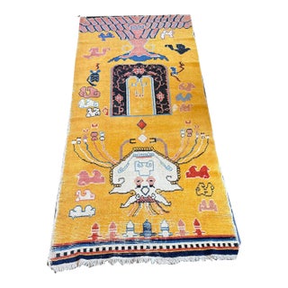 A Must See Antique Gold Ground Pictorial (Spider) 4' X 8' Tibetan Rug For Sale