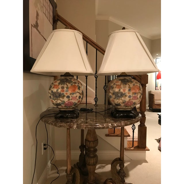 Wood Chinese Floral Painted Table Lamps - a Pair For Sale - Image 7 of 7