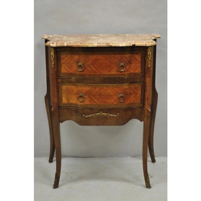 Antique French Louis XV Marquetry Inlay Marble Top Bombe Nightstand For Sale - Image 12 of 12