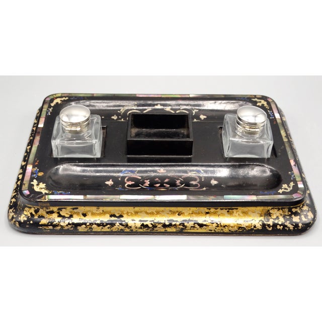 Lovely 19hth-Century English Victorian era handcrafted double inkwell desk organizer. It is made of papier mache,...