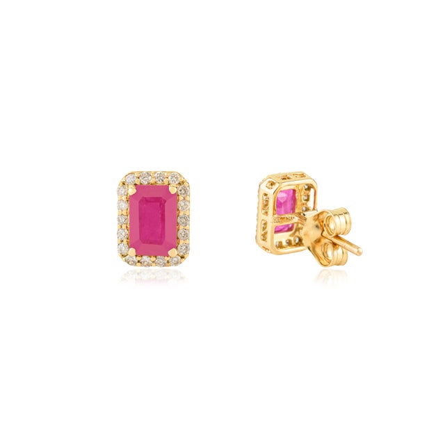 Not Yet Made - Made To Order 18k Gold 1.21 Ct Octagon Ruby & Diamond Halo Statement Stud Earrings- A Pair For Sale - Image 5 of 14