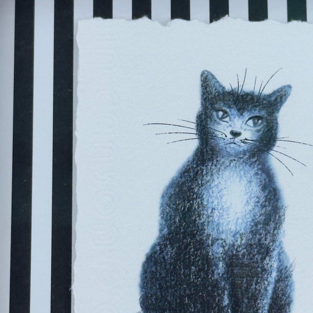 Charming original drawing depicting a seated black cat, rendered in soft blue-black tones with delicate shading and...