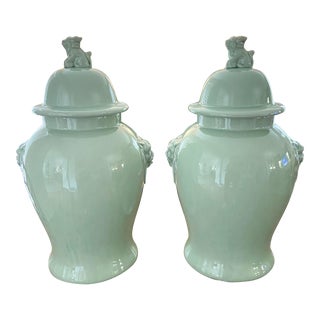 Green Celadon Crackle Glaze 23” Temple Jars With Foo Dog Finials and Lions Head Door Knocker Handles, a Pair For Sale