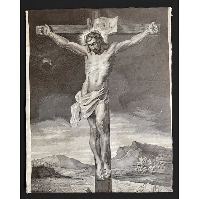 Textile Antique French Jacquard Woven Silk Crucifixion by Verzier Bonnart & Cie, Lyon, 1840s For Sale - Image 7 of 7