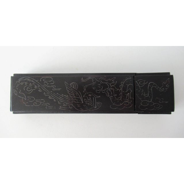Circa 1991 Chinese Carved Boxed Set of 16 Chopsticks & Wood Carved Holder/Carrier Case With Inlaid Silver Dragon Motif Detail For Sale - Image 11 of 13