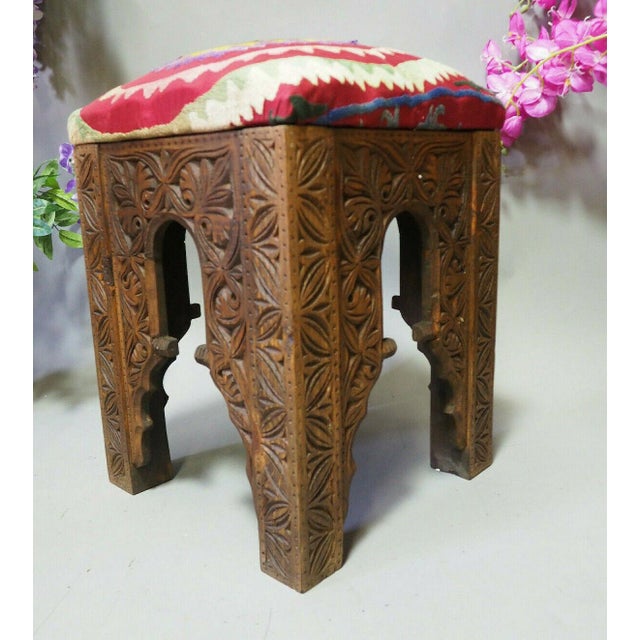 Vintage Hand-Carved Wooden Stoll Chair, Afghanistan For Sale - Image 3 of 14