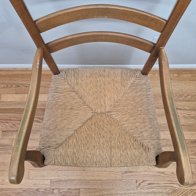 Mid 20th Century French Country Farmhouse Ladder Back Rush Seat Arm Chair For Sale - Image 4 of 11