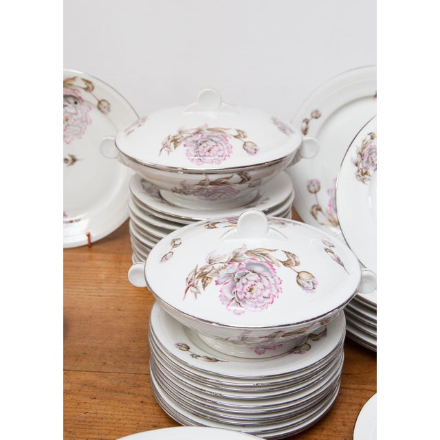French Art Deco Porcelain Dinnerware Set with Mauve Flowers, 1930s, Set of 42 For Sale - Image 4 of 8
