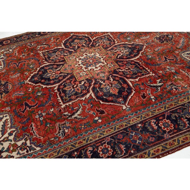 Textile Handmade Heriz Wool Rug in Red With Rosette Motif For Sale - Image 7 of 7