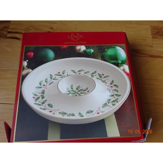 1990s Lenox Holiday 12" Gold Rimmed Chip and Dip Platter New in Box For Sale - Image 5 of 6