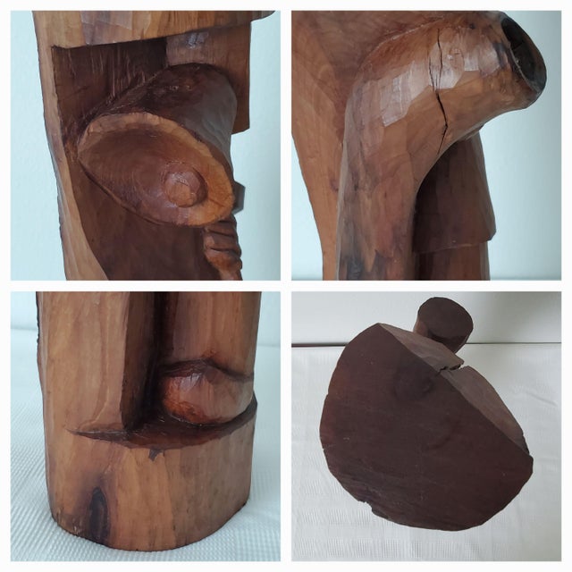 Brown 1998 Wood Sculpture "Bell Ringer" Signed Nicolae Serban Romania 23"h Modernist Expressionist Folk Art For Sale - Image 8 of 11