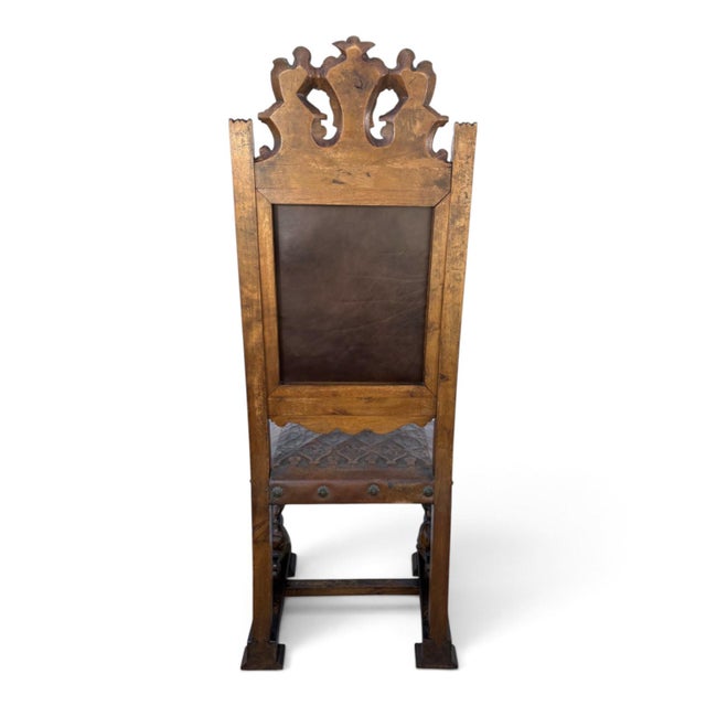 Wood French Revival Side Chairs, Leather & Walnut, Carved Knights, 1900 Set of 2 For Sale - Image 7 of 7