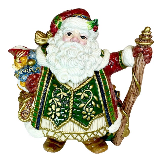 1980s Vintage Majolica Hollywood Regency Fitz & Floyd Christmas Santa Tea Pot For Sale