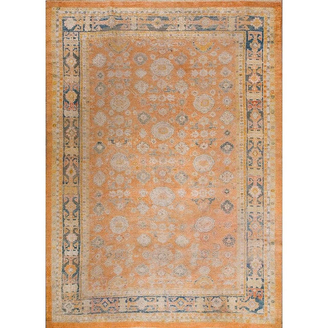 Textile 1880s Orange Salmon Geometric Tribal antiqueTurkish Decorative Angora Oushak Rug 9'9" X 13'3" Handknotted Wool Carpet For Sale - Image 7 of 8