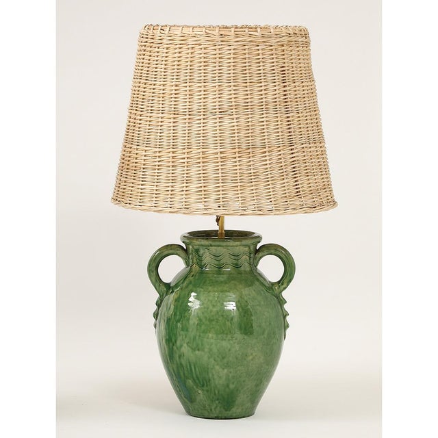 Pair of Vintage Green Ceramic Lamps With Handmade Wicker Shades For Sale - Image 10 of 13
