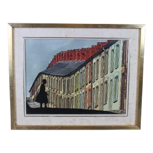 1970s Expressionist Figurative City Scene Painting by Edel Ritter, Framed