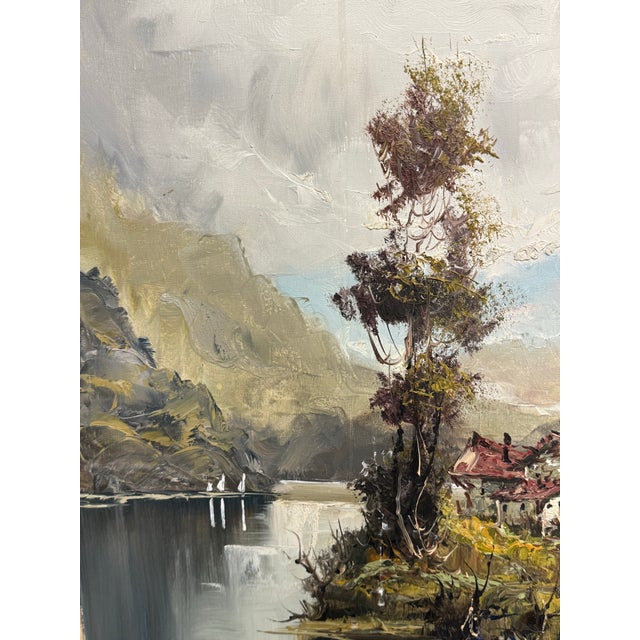 Paint European Lakeside Village Oil Painting, Signed For Sale - Image 7 of 12