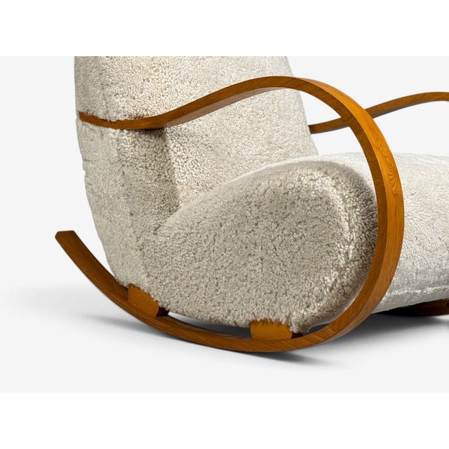 Wood Swedish Modern, Rocking Chair, Elmwood, Beige Shearling, Sweden, 1940s For Sale - Image 7 of 13