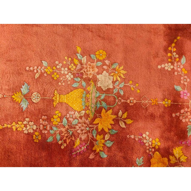 1920s Orange Open Field Floral Modern Antique Chinese Art Deco Knotted Wool Rug For Sale In New York - Image 6 of 11