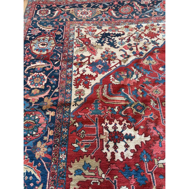 Antique Persian Serapi Carpet Handmade Wool Oriental Rug, Red, Ivory, Light Blue For Sale - Image 16 of 18