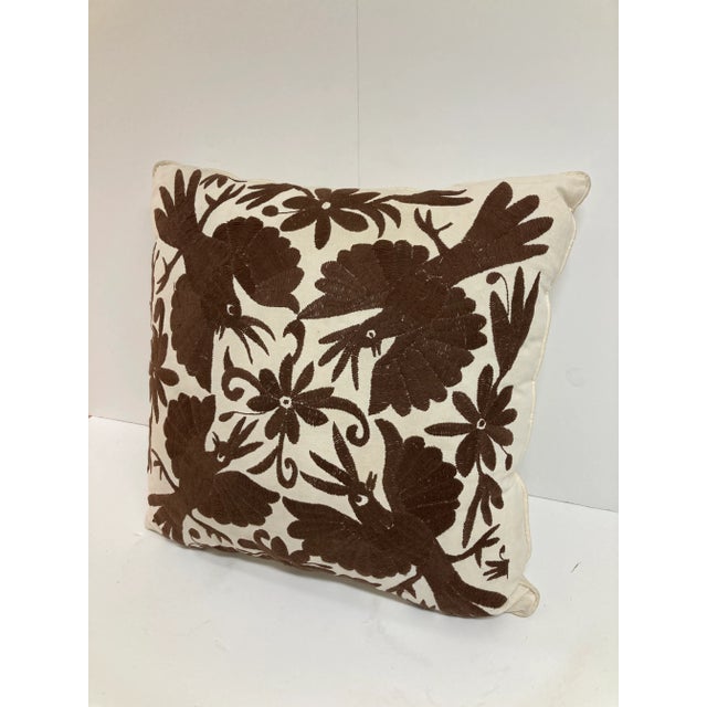 Boho Chic Crewel Work Hand Embroidered Brown Birds Toss Pillow -2 For Sale - Image 3 of 11