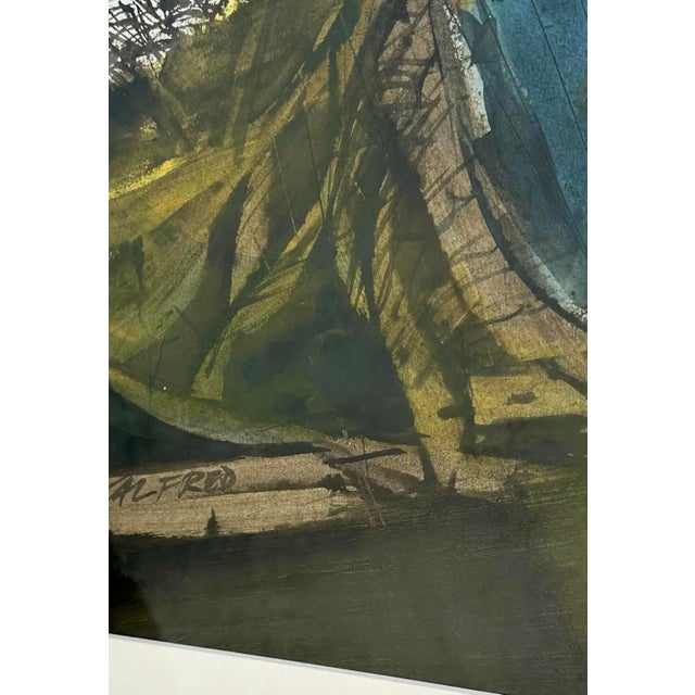 Late 20th Century Vintage Abstract Man Fishing Original Watercolor on Paper For Sale - Image 5 of 5