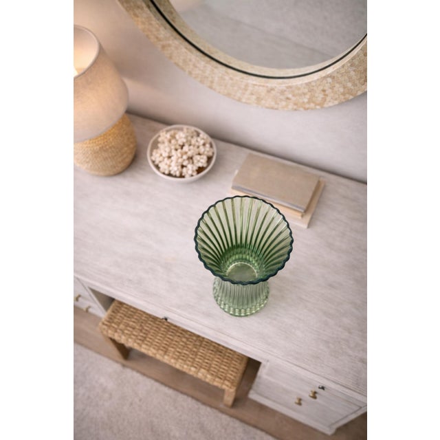 Late 20th Century Vintage Fluted Green Glass Vase – Ribbed Coastal Art Glass, 9” Scalloped Rim For Sale - Image 5 of 6