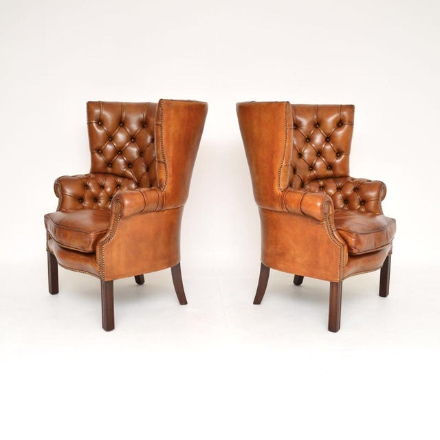 Antique Leather Barrel Back Wing Armchairs, 1920s, Set of 2 For Sale - Image 4 of 8