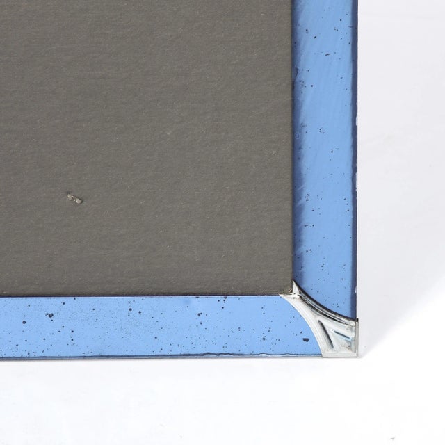 1930s Art Deco Picture Frame in Blue Glass W/ Beveled Detailing & Chrome Corners For Sale - Image 5 of 12