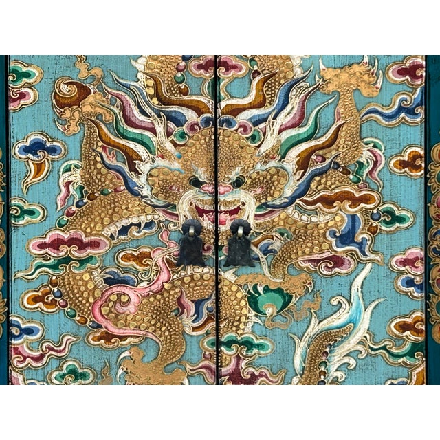 Tibetan Oriental Teal Blue Aqua Dragon Head Graphic End Table Nightstand For Sale - Image 10 of 12