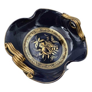 Vintage Art Deco Gilded Tray in Cobalt Blue Ceramic, Italy, 1930s For Sale