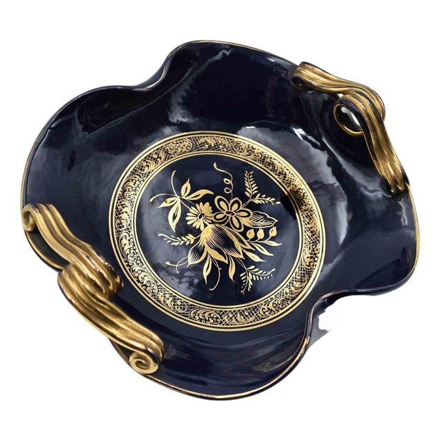 Vintage Art Deco Gilded Tray in Cobalt Blue Ceramic, Italy, 1930s For Sale