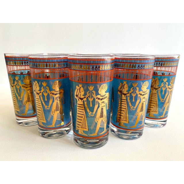 Glass Vintage 1960's Mid Century Modern Egyptian Revival Gold Leaf Highball Tumbler Glasses - Set of 8 For Sale - Image 7 of 13