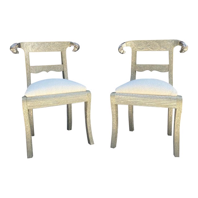 1990s Vintage Anglo Indian Floral Embossed Rams Head Dowry Chairs - a Pair For Sale