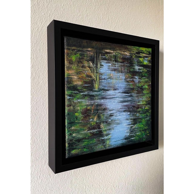 Contemporary Still Waters I by Elena Degenhardt | Oil on canvas depicting a serene body of water with greenery. For Sale - Image 3 of 3