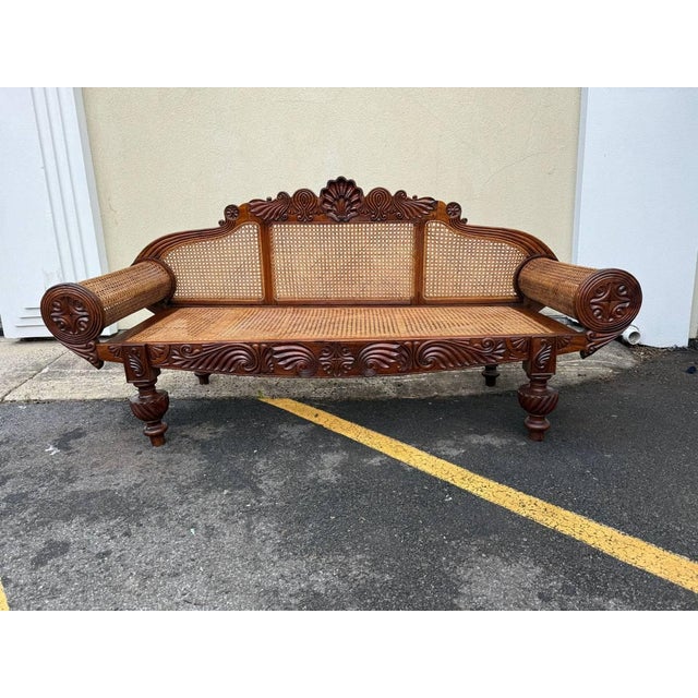 Antique British Anglo Indian Carved Mahogany Cane Seat and Back Settee For Sale - Image 13 of 18