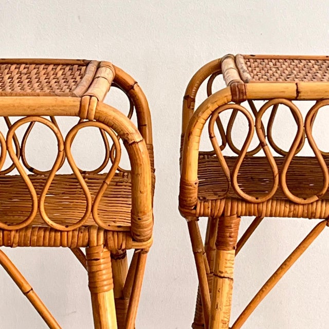 A stunning pair of vintage Italian-made nightstands/side tables dating back to the 1960s. This pair perfectly embodies the...
