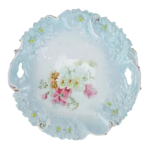 Vintage Bavarian Porcelain Floral Embossed Serving Plate With Aqua Blue Accents
