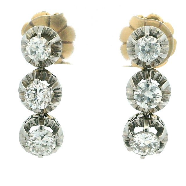Vintage Platinum and 14k Gold 2 Carat Diamond Drop Earrings Circa 1950s, A Pair For Sale - Image 10 of 15
