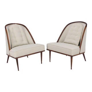 Mid-Century Modern Oiled Walnut Frame Barrel Back Lounge Chairs- A Pair For Sale