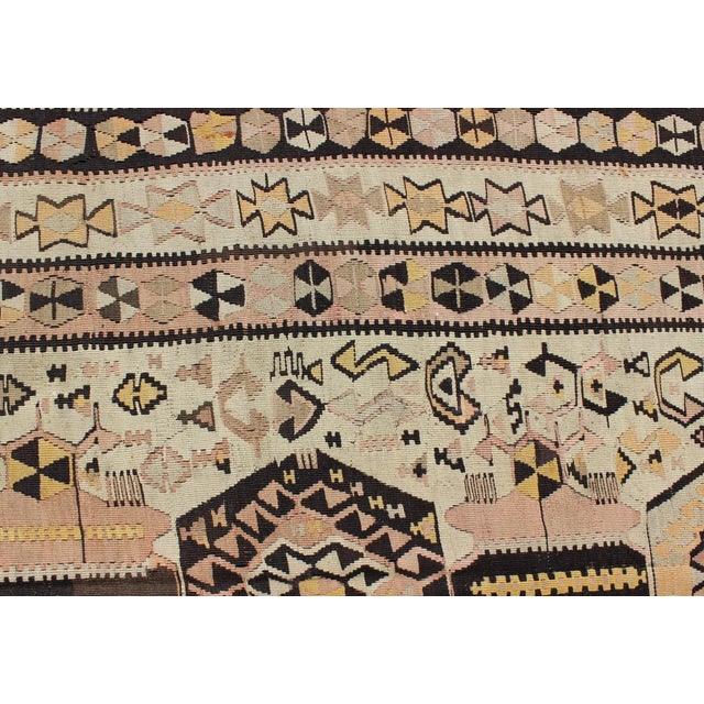 Mid 20th Century Mid 20th Century Vintage Turkish Kilim Gallery Rug With Tribal Design in Brown Pink and Yellow For Sale - Image 11 of 13